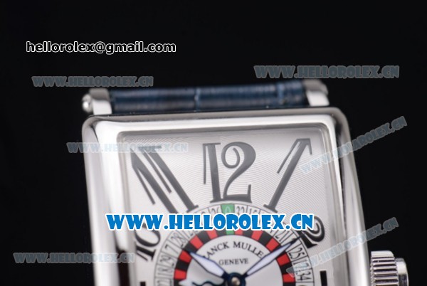 Franck Muller Long Island Las Vegas Asia 2813 Automatic Steel Case with White Dial Arabic Numeral Markers and Blue Leather Strap - Click Image to Close